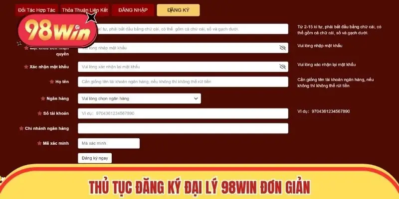 Thủ tục đăng ký đại lý 98win đơn giản cho đối tác